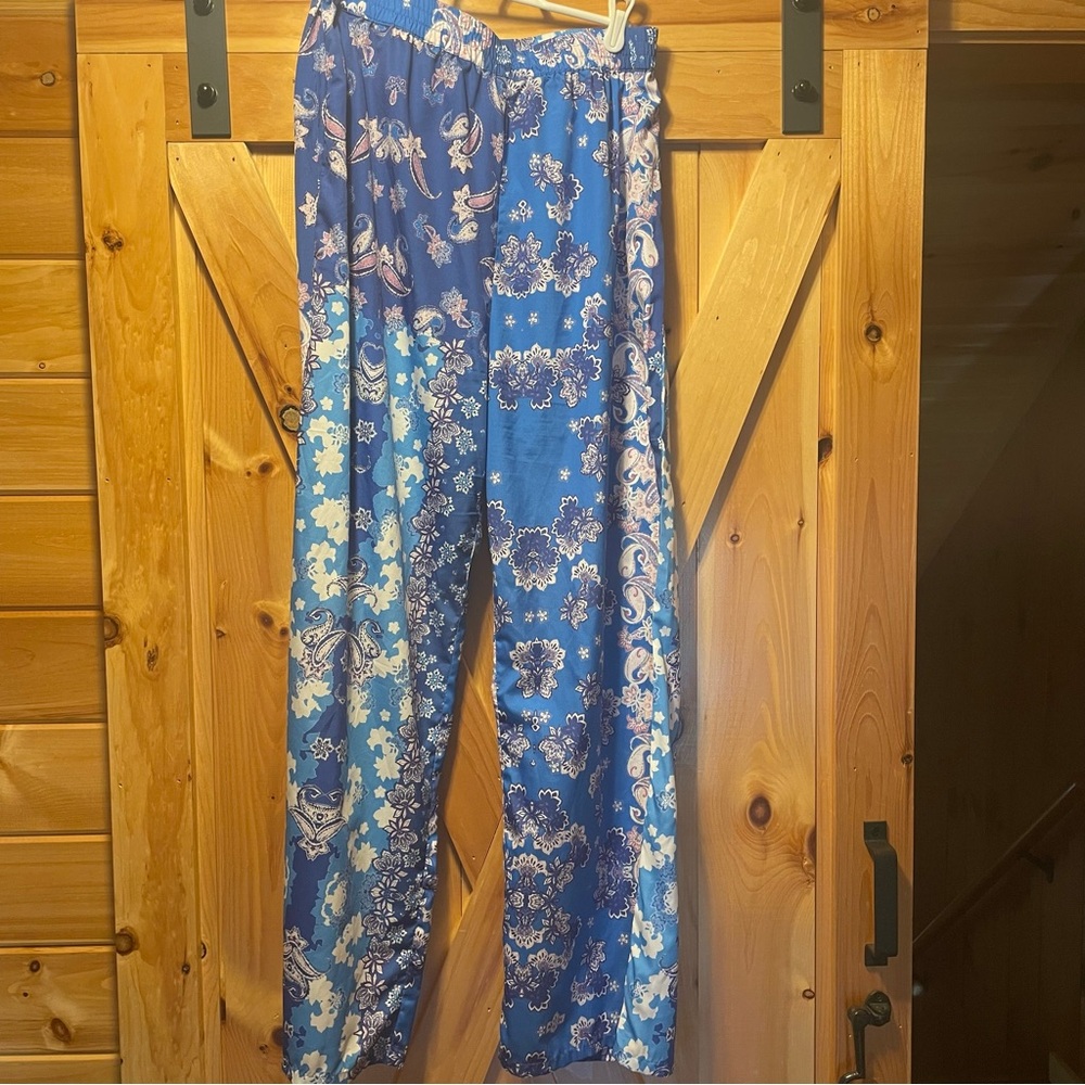 Rachel Zoe blue Paisley floral print Lounge Pants, boho, hippy, palazzo, size L